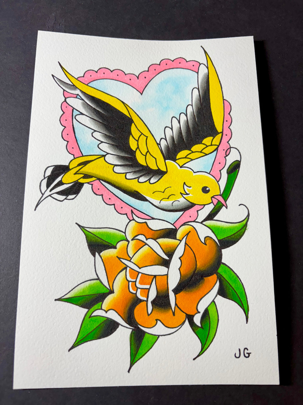 Original Painting - Bird, Heart, and Rose