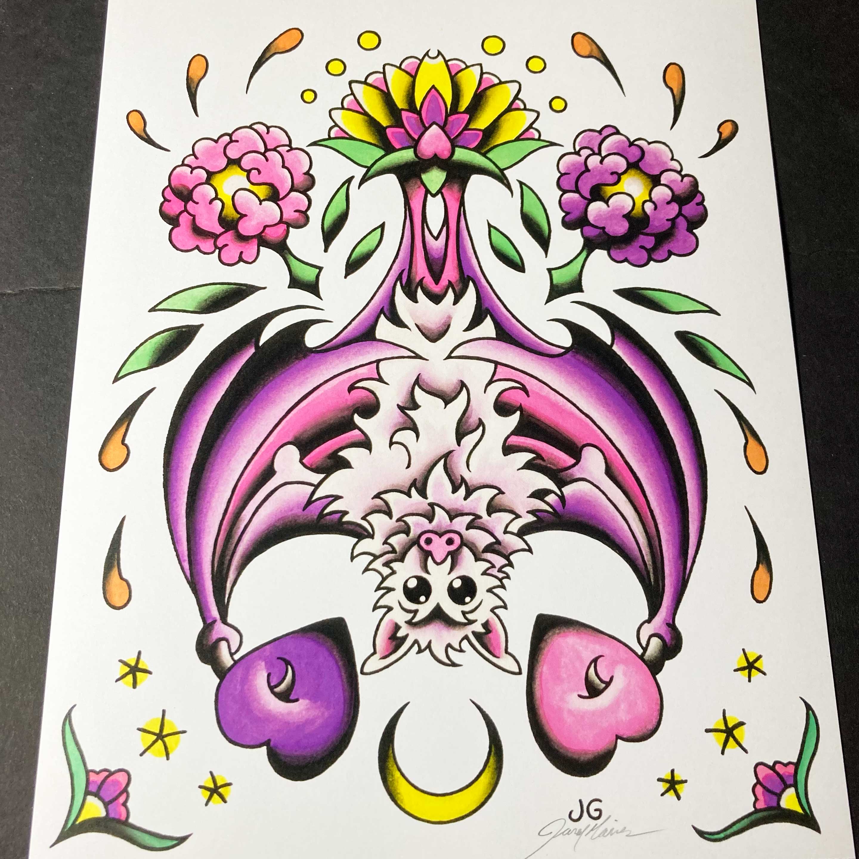 Bat, Hearts, and Flowers Art Print - Jared Gaines Art