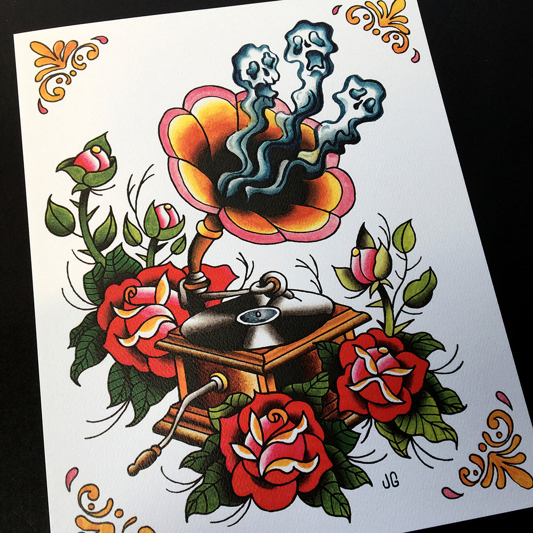 Record Player Tattoo Flash - Jared Gaines Art