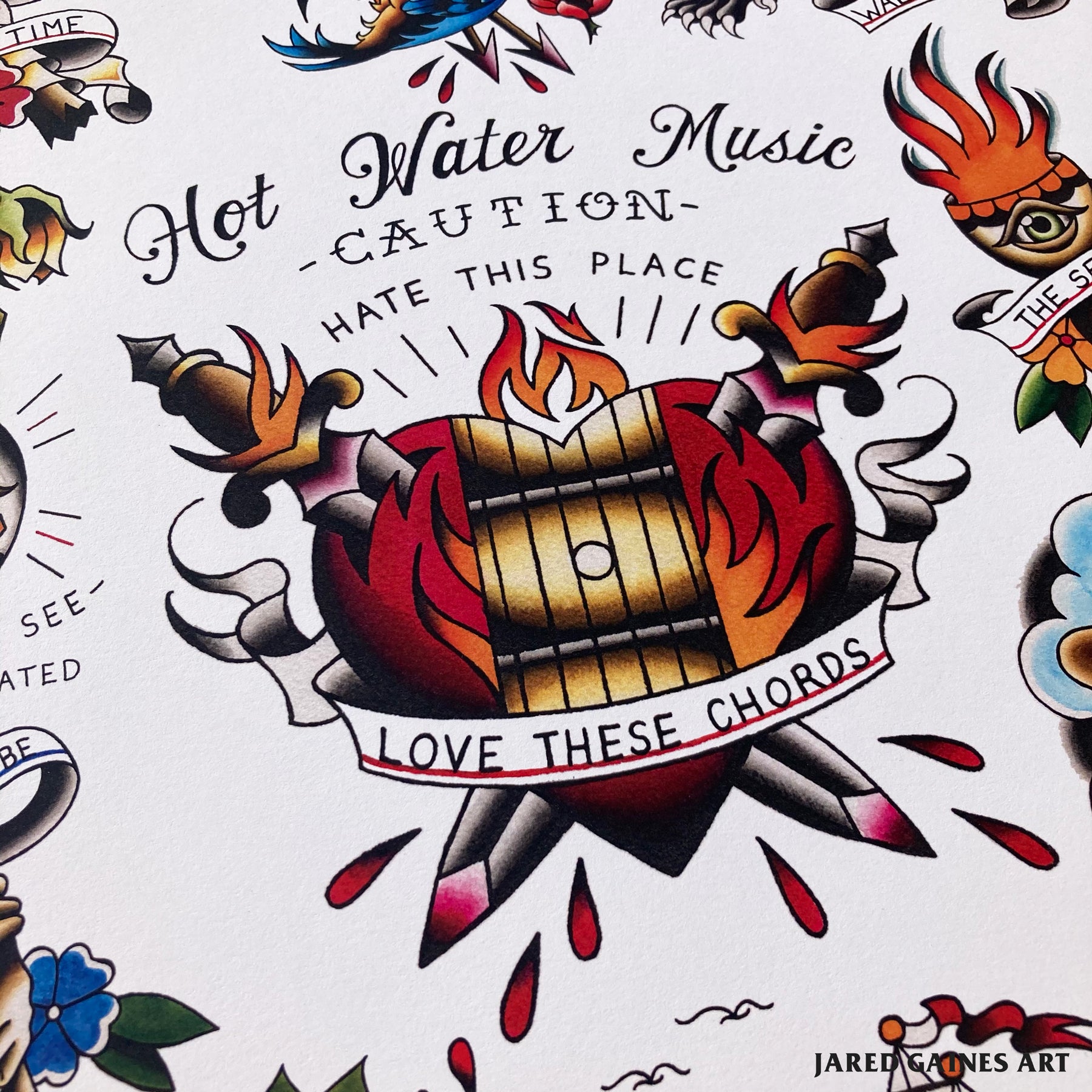 Hot Water Music Caution Tattoo Flash - Jared Gaines Art